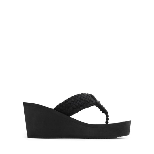 Woven Strap Platform Wedge Flip Flops - BLACK - 2